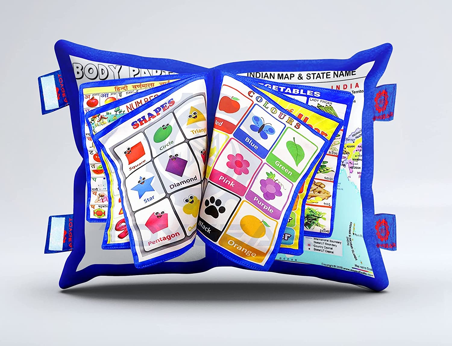 Baby Printed Learning Cushion Soft Toys Pillow Cum Book with English and Hindi Alphabet Color Shape Days Week and Year Name Learning Body Parts Learning for Kids Velvet Cushion Book (RED)