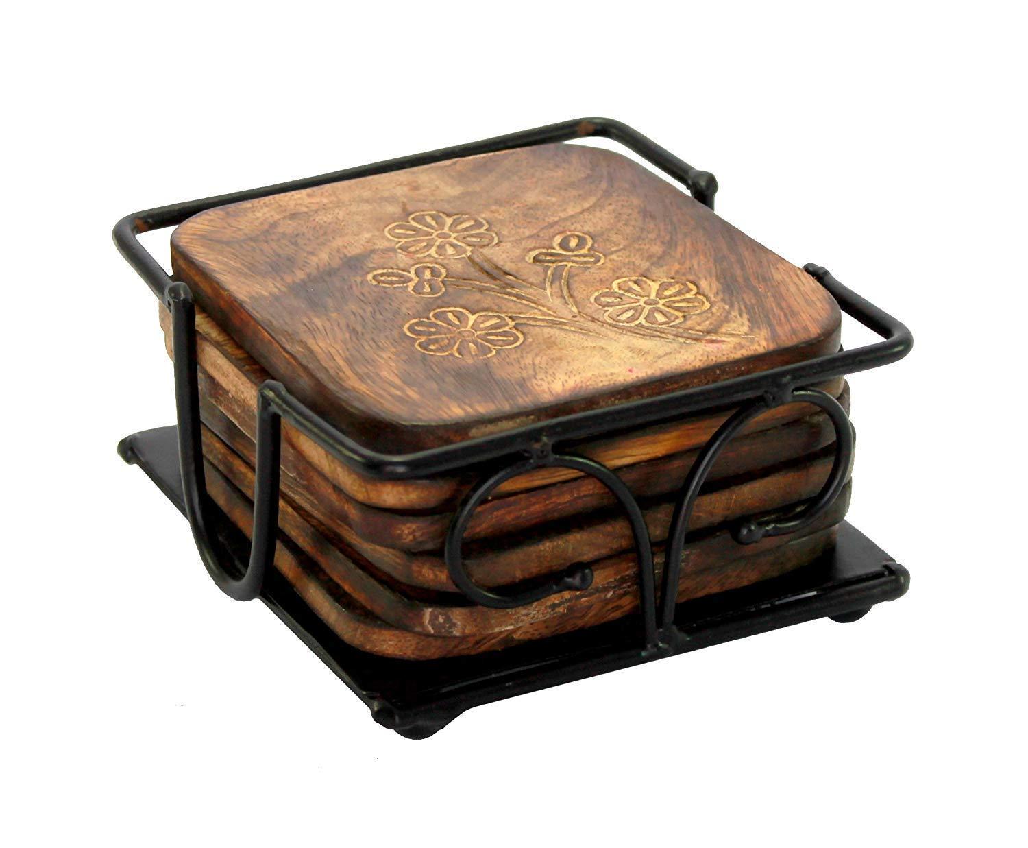 Wooden Coaster Set with Decorative Iron Holder (Square)