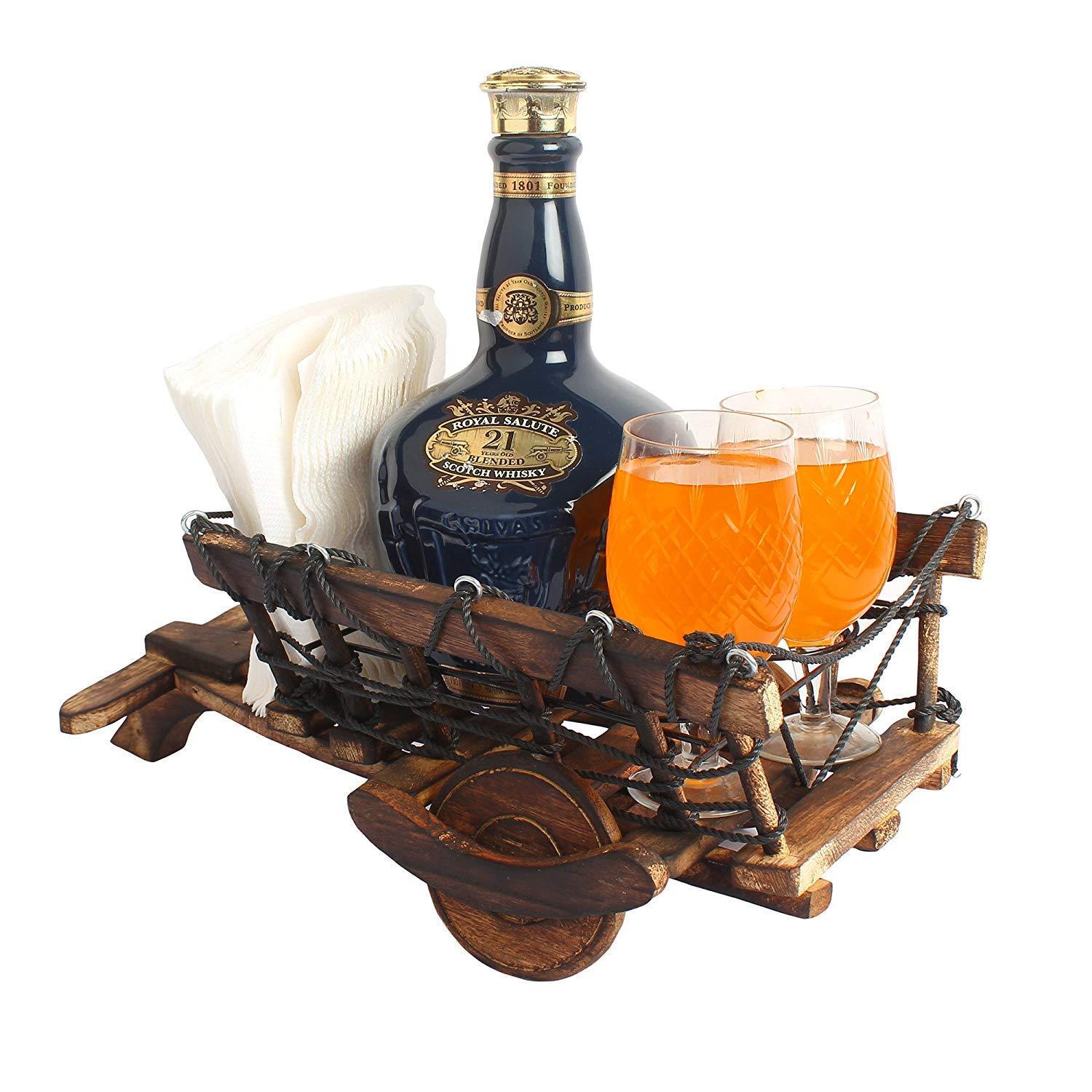 Wooden Cart Shaped 1 Wine Bottle and 2 Glass Holder