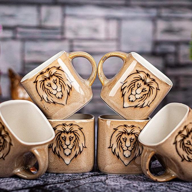 Lion Print Square Shape Tea Cups, Set of 6, 180 ML