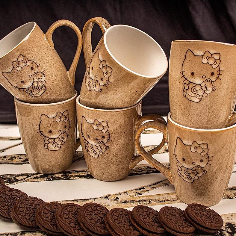 Ivory Color Kitty Print Milk & Coffee Mug Set of 6