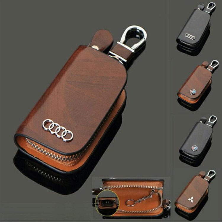 Car Logo Leather Wood Texture Car Key Case- 50% OFF